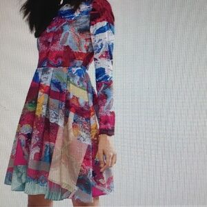 Skeena S Long Sleeve Pleated Midi Dress, Pink Floral Pattern, Size 4